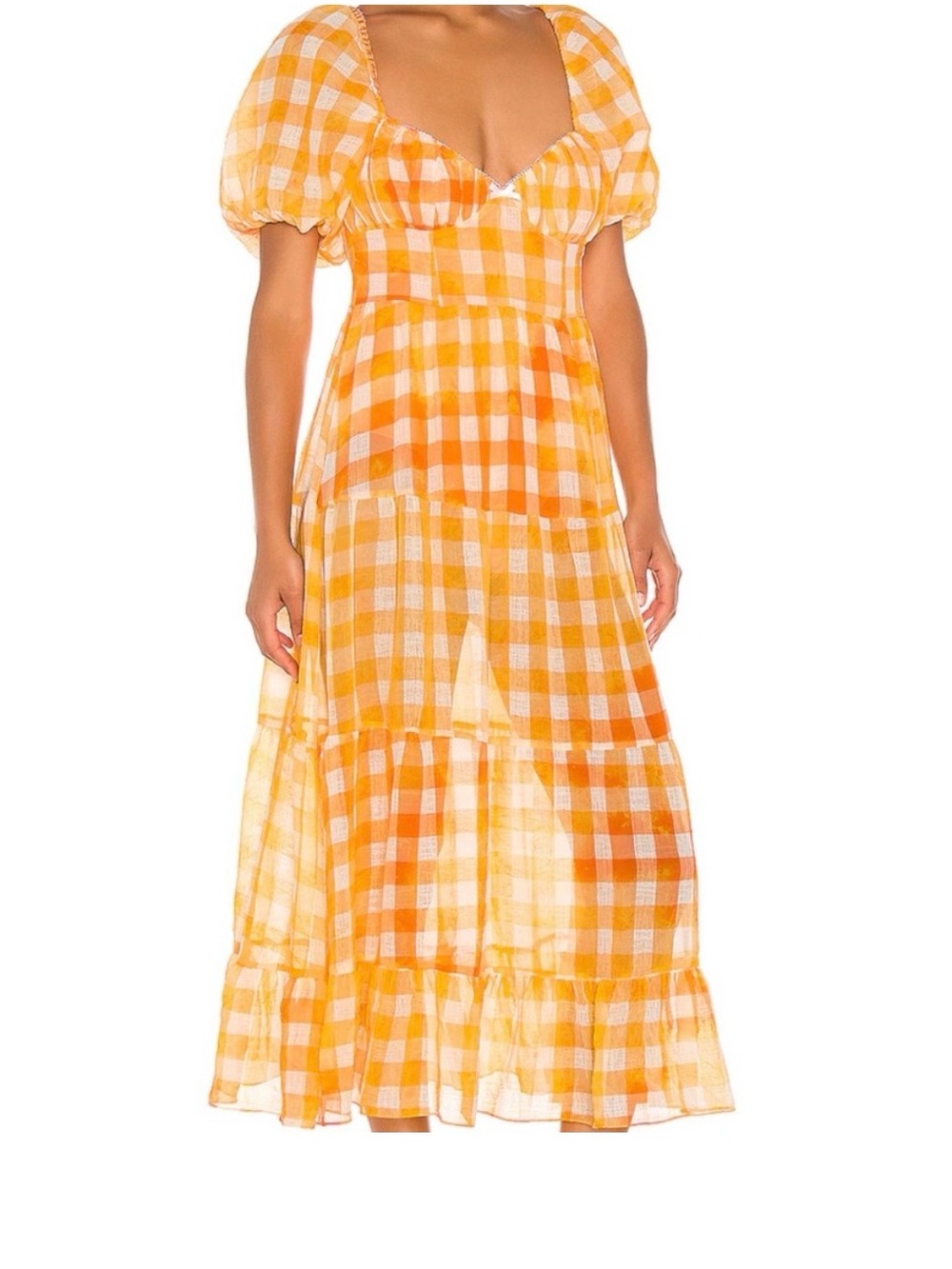 For Love & Lemons Yellow Orange Gingham Midi Dress